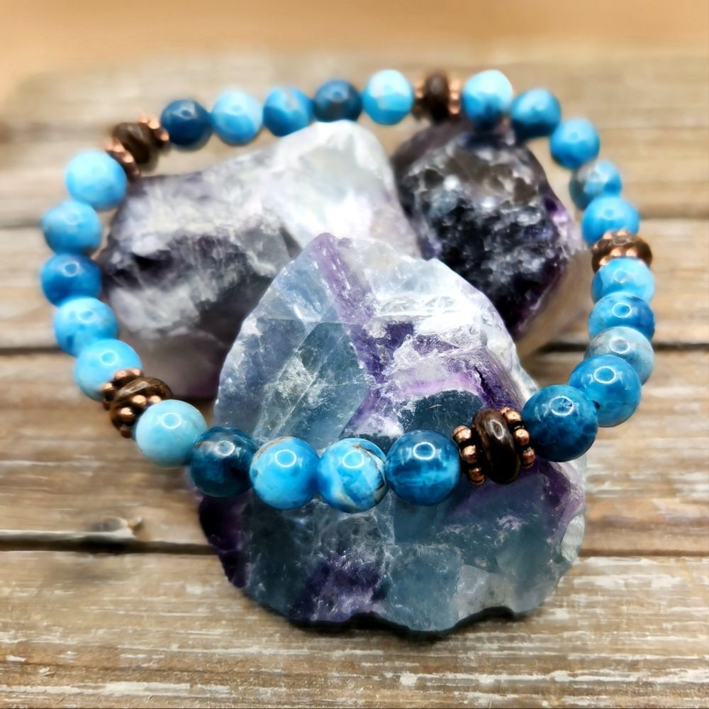 Neon Blue Apatite, Bronzite, and Copper Beaded Bracelet - Picture 1 of 3